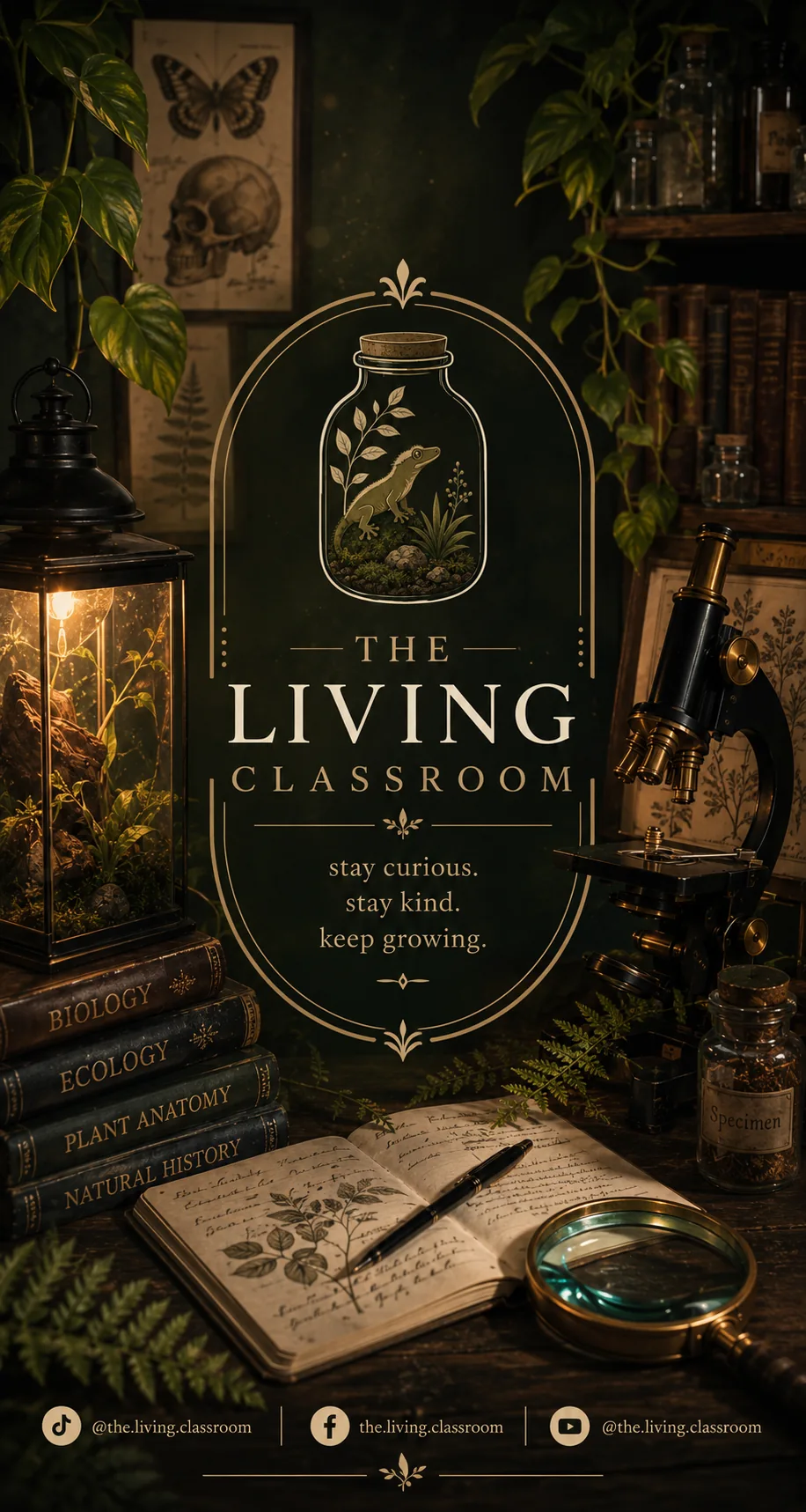 The Living Classroom botanical study with gecko emblem, terrarium, microscope and field notebook
